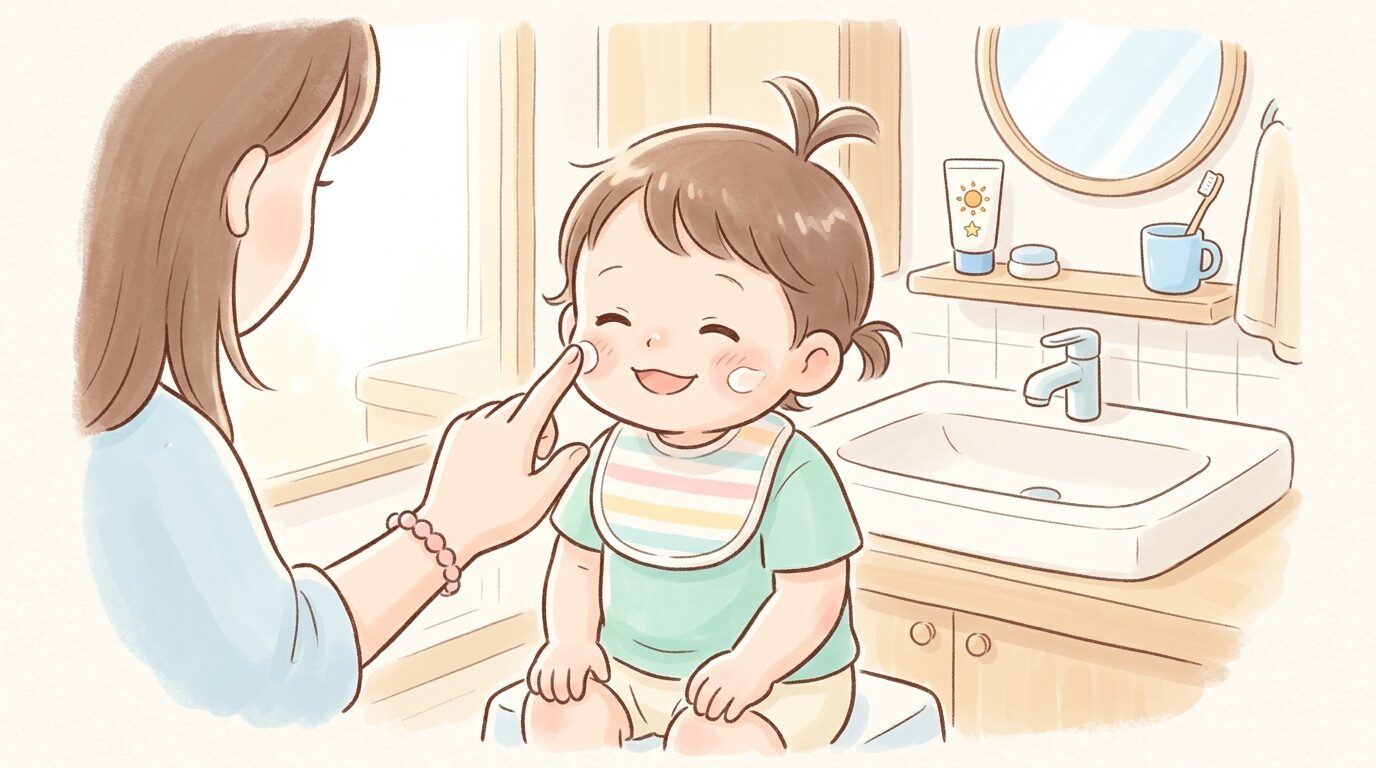 日焼け止めクリームを子供の頬に優しく塗る母親の手元、洗面所での朝の身支度シーン