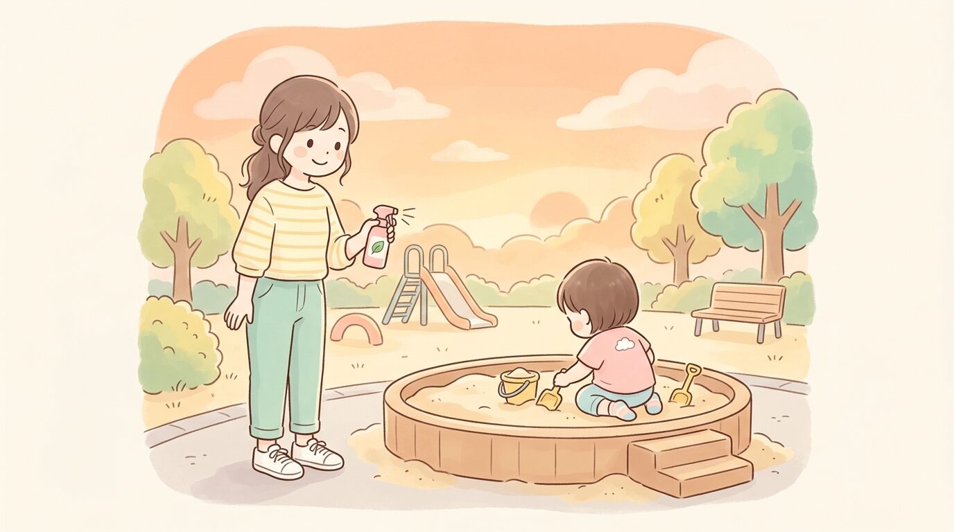 夕方の公園で虫除けスプレーを持つ親と、砂場で遊ぶ2歳児の後ろ姿、オレンジ色の夕焼け