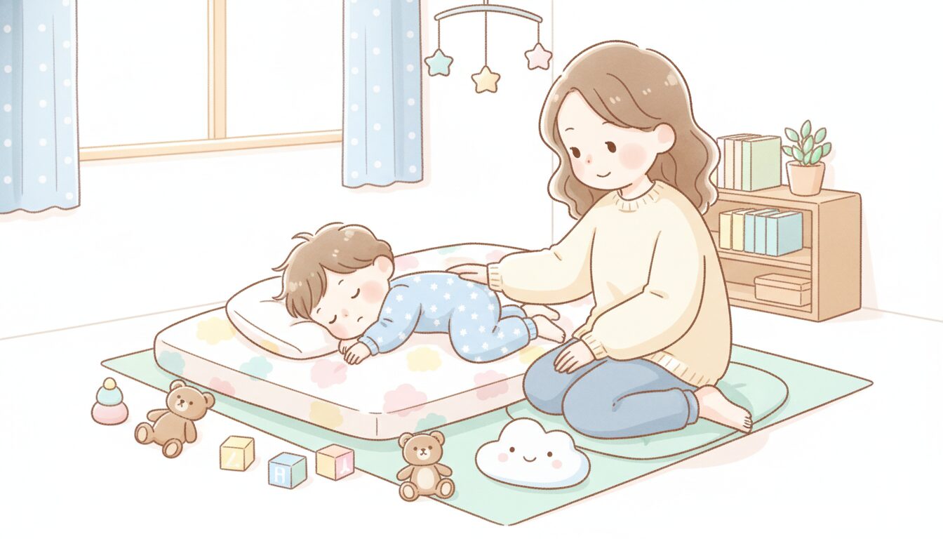 明るい子ども部屋で標準サイズの布団に横になり眠る2歳児と見守る母親