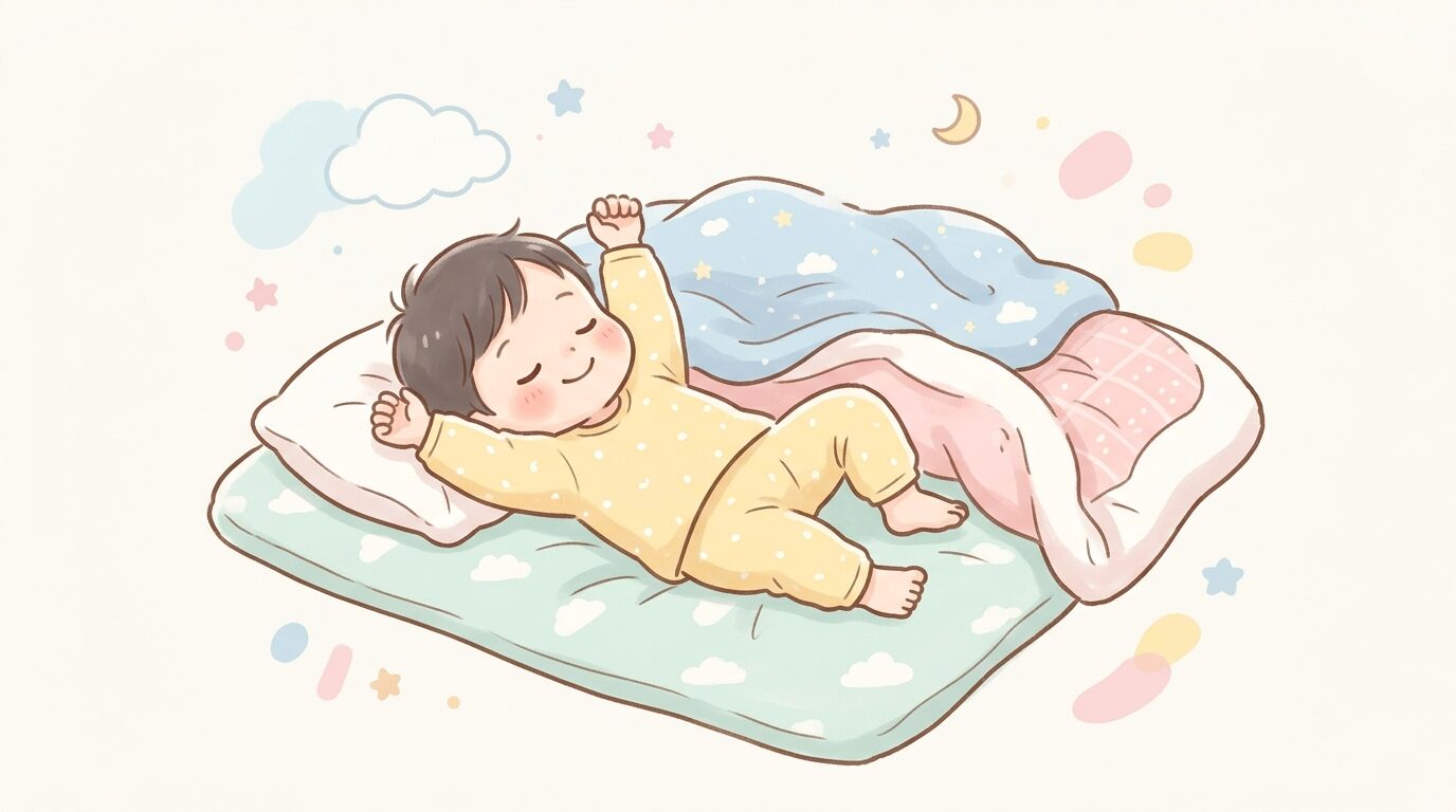布団からはみ出して横向きやばんざいのポーズで眠る2歳児のかわいい寝相