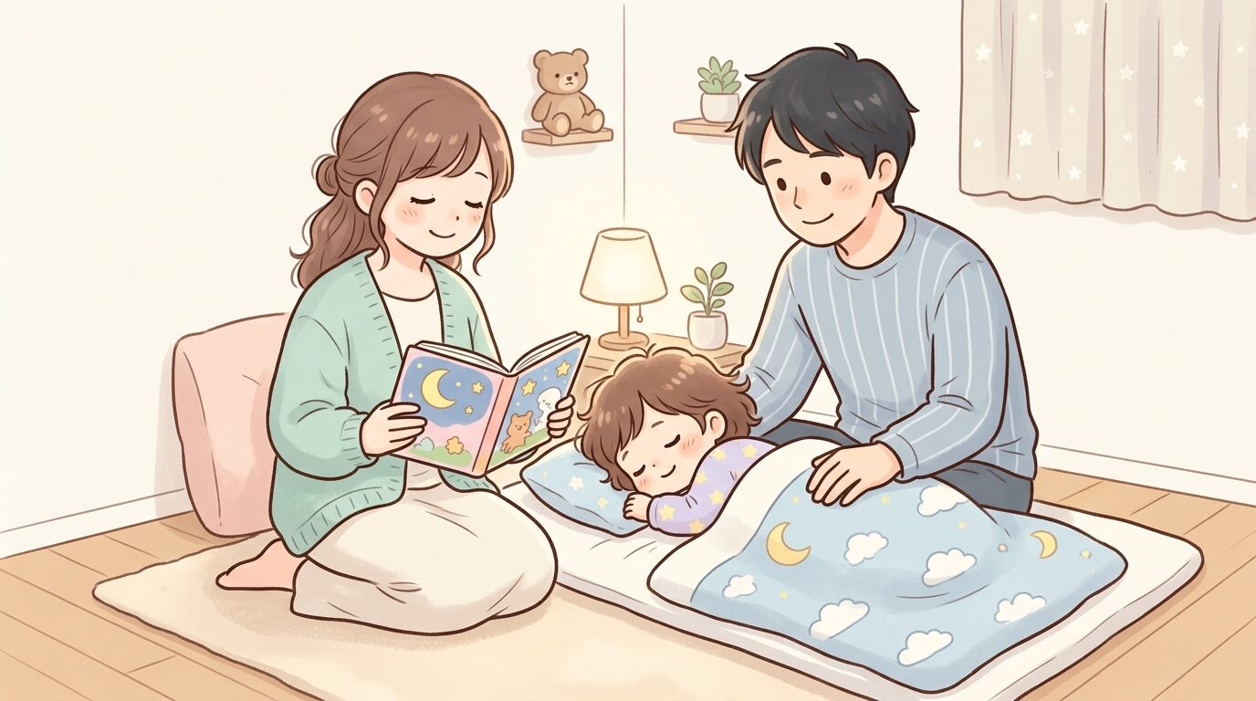 寝室で絵本を読み聞かせながら子どもを寝かしつける優しい表情の両親