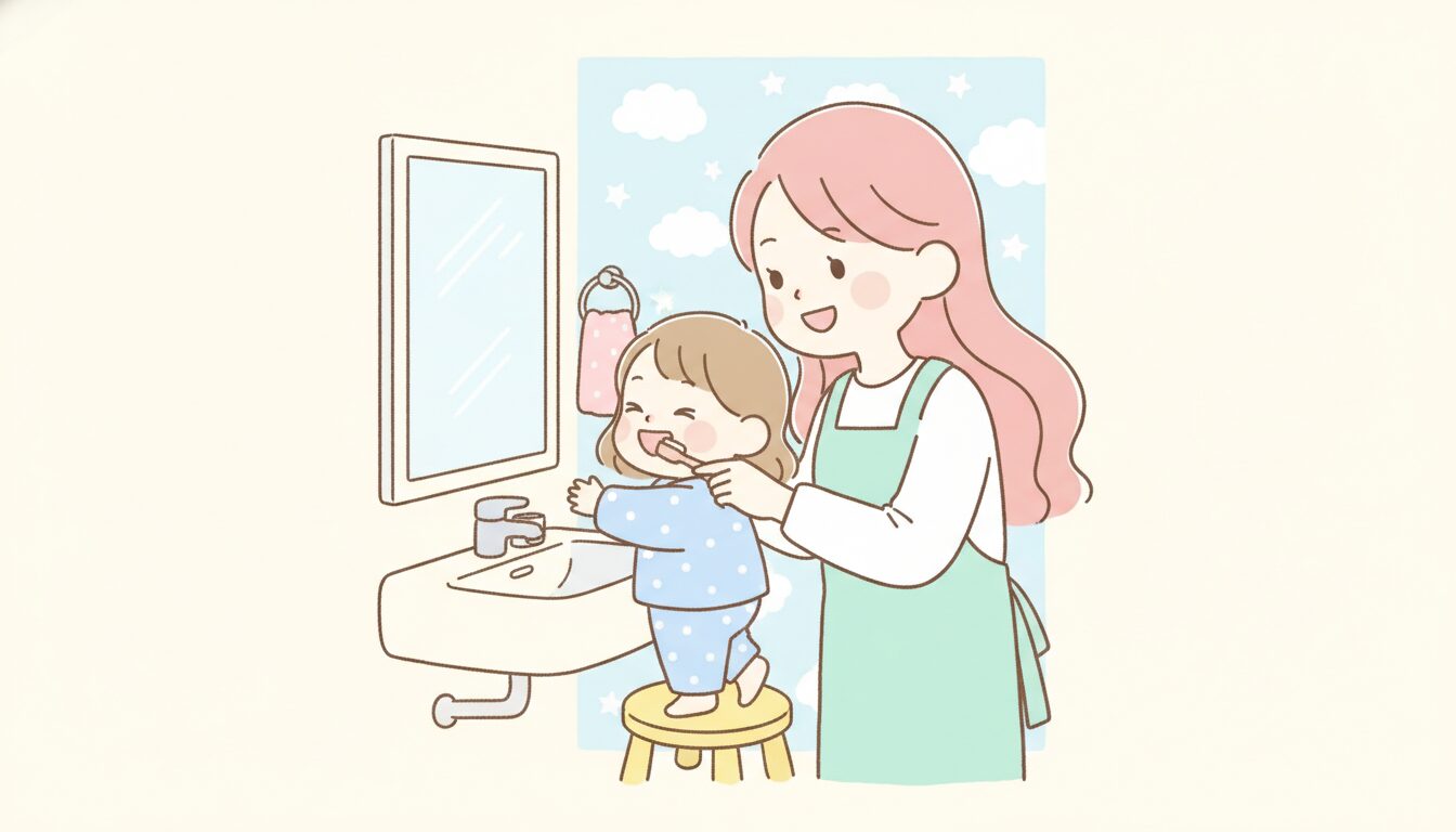 洗面所で母親に歯を仕上げ磨きしてもらいながら鏡を見て笑う2歳の女の子