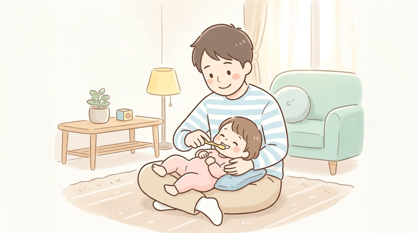 リビングで子どもを膝の上に寝かせて優しく仕上げ磨きをする父親の様子