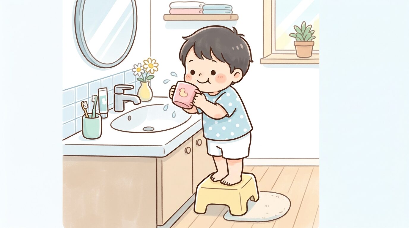 洗面台の前で小さなコップを使ってうがいの練習をする2歳児のかわいらしい様子