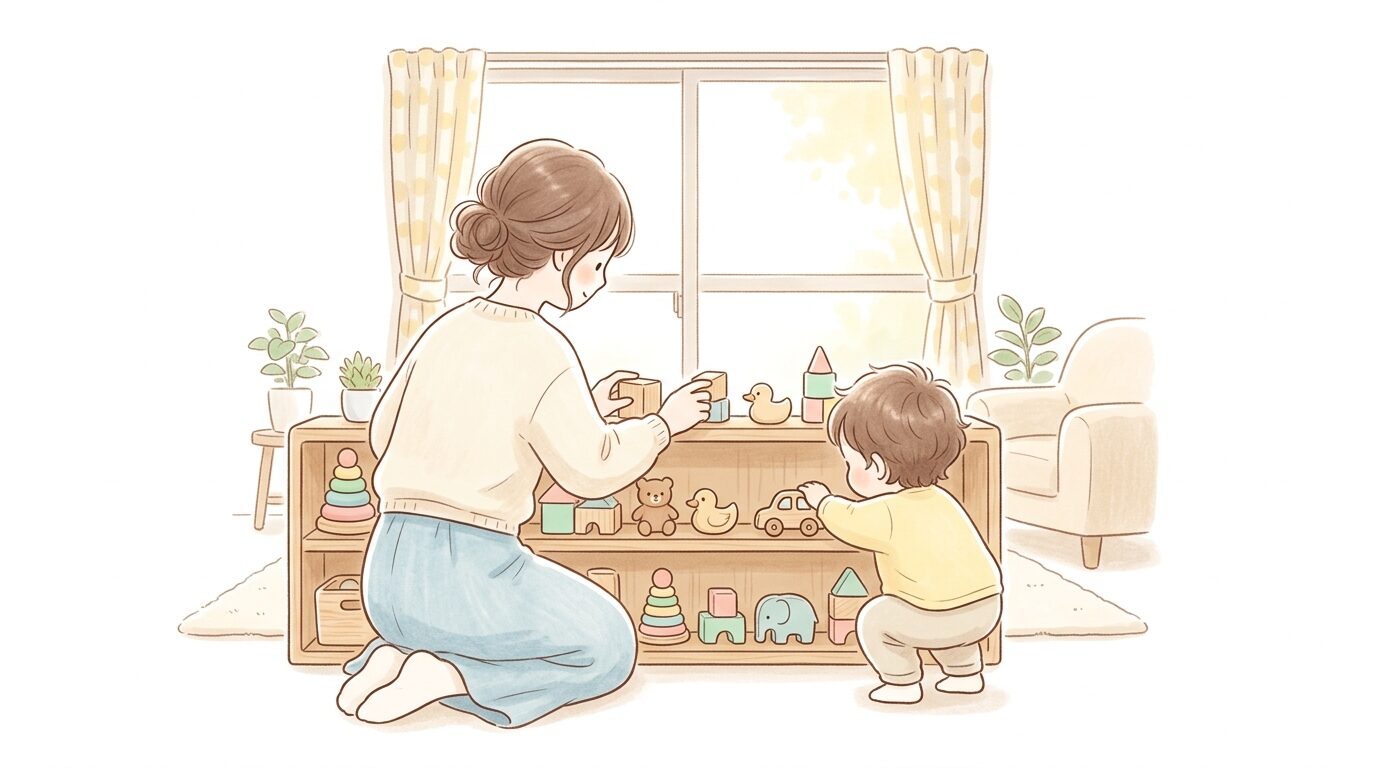 リビングの低い棚に木製おもちゃを丁寧に並べる親子の後ろ姿、柔らかな自然光が差し込む部屋