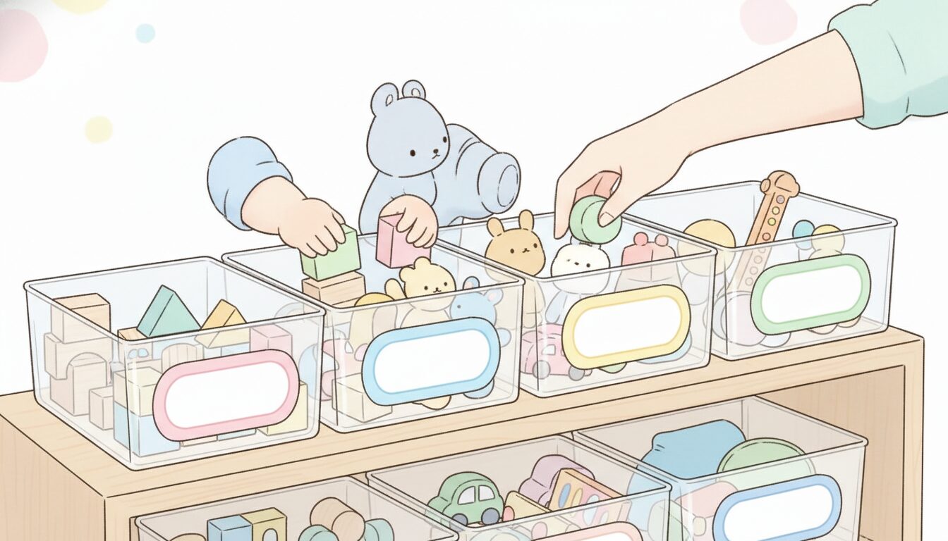 透明な収納ボックスにラベルを貼り、おもちゃをジャンル別に分けて片付ける様子のクローズアップ