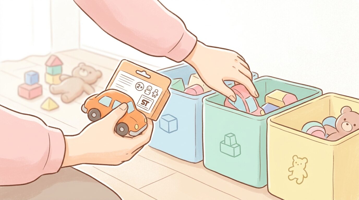 おもちゃの対象年齢表示やSTマークを確認しながら仕分けをする親の手元