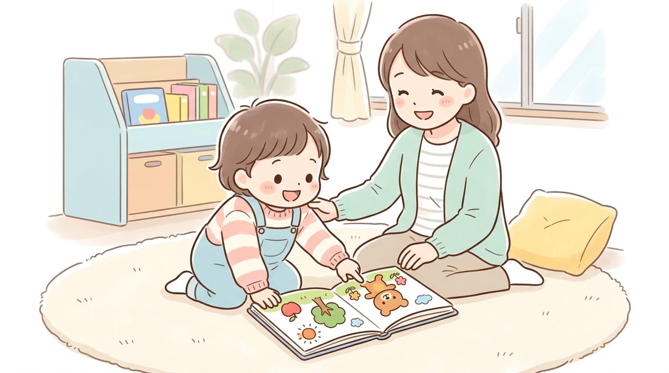 リビングのラグの上で絵本を広げ、興味津々な表情で指をさす2歳児と隣で優しく見守る母親