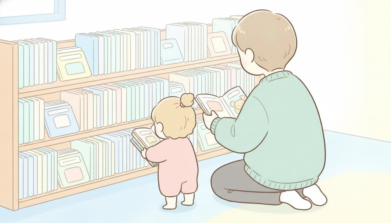 図書館の絵本コーナーで、様々な色とりどりの絵本を手に取り真剣に見比べる親子の後ろ姿