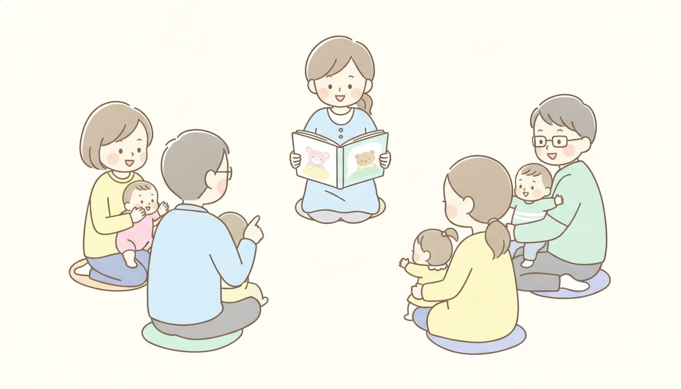 地域の子育て支援センターで、複数の親子が輪になって絵本の読み聞かせイベントに参加している和やかな様子