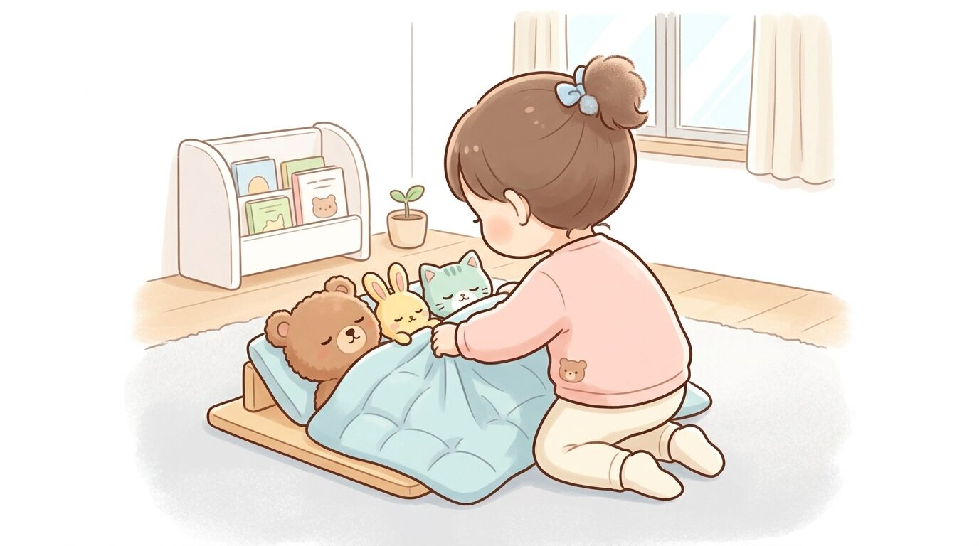 リビングでぬいぐるみに毛布をかけて寝かしつけようとする2歳の女の子の後ろ姿