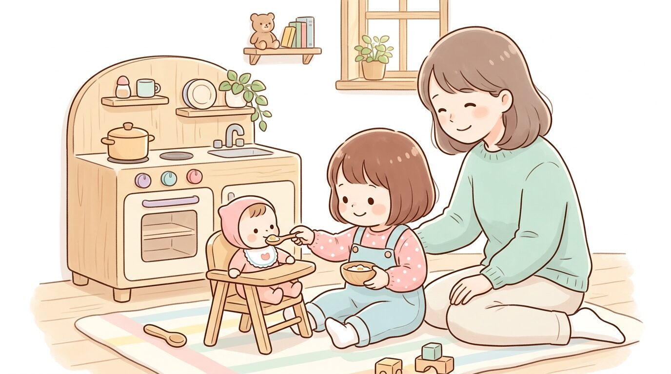 木製のおままごとキッチンの前で人形にスプーンでご飯を食べさせる2歳児と隣で見守る母親