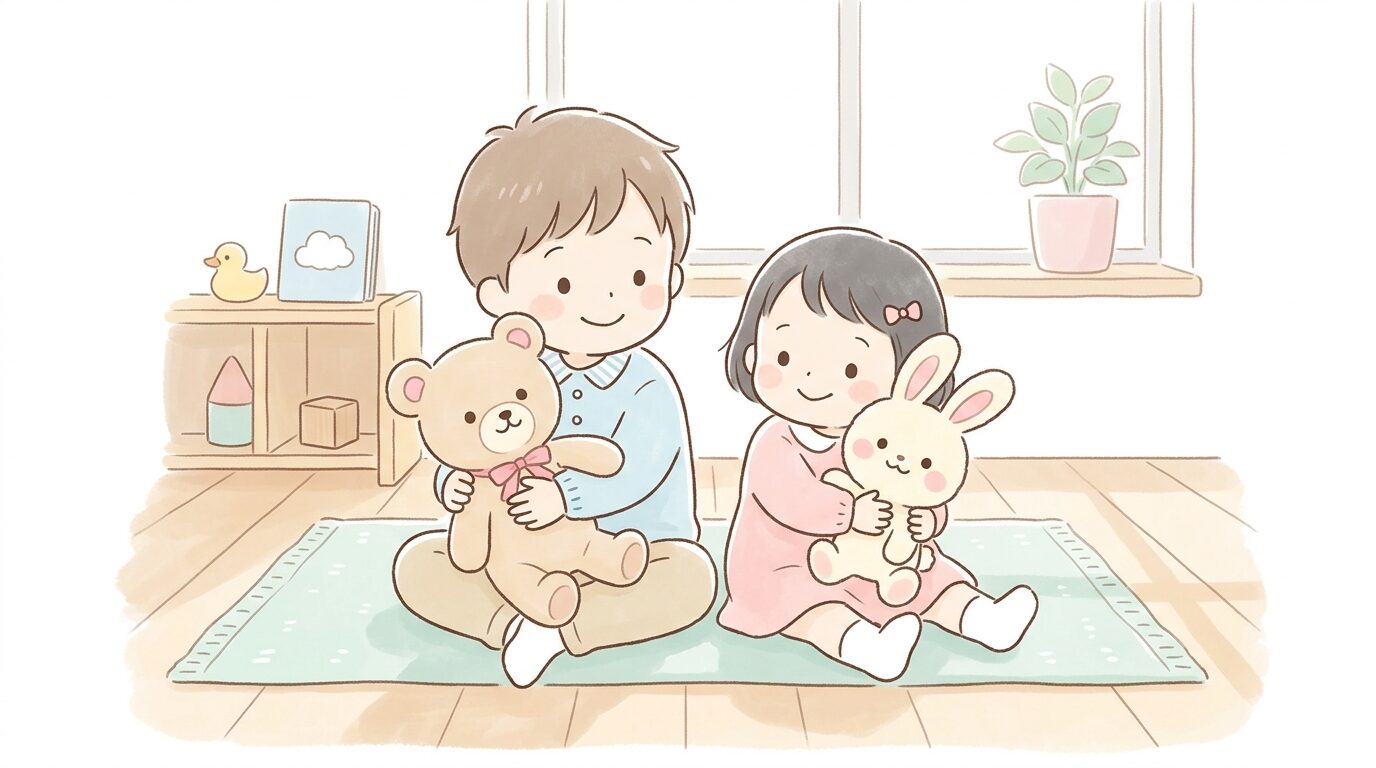 明るい室内で兄弟がそれぞれ別のぬいぐるみを抱っこして並んで座っている様子