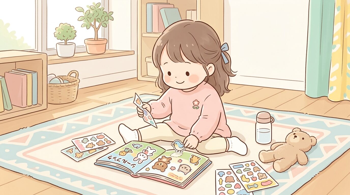 リビングのラグの上で夢中になってシールブックにシールを貼る2歳児の女の子、柔らかい自然光が差し込む温かい雰囲気