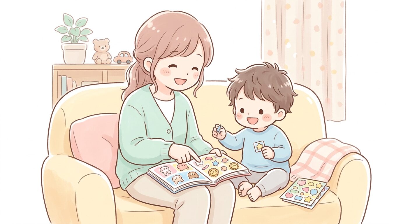 ソファに座り母親と一緒にシールブックを楽しむ2歳の男の子、笑顔で会話しながら遊んでいる温かい家族の様子