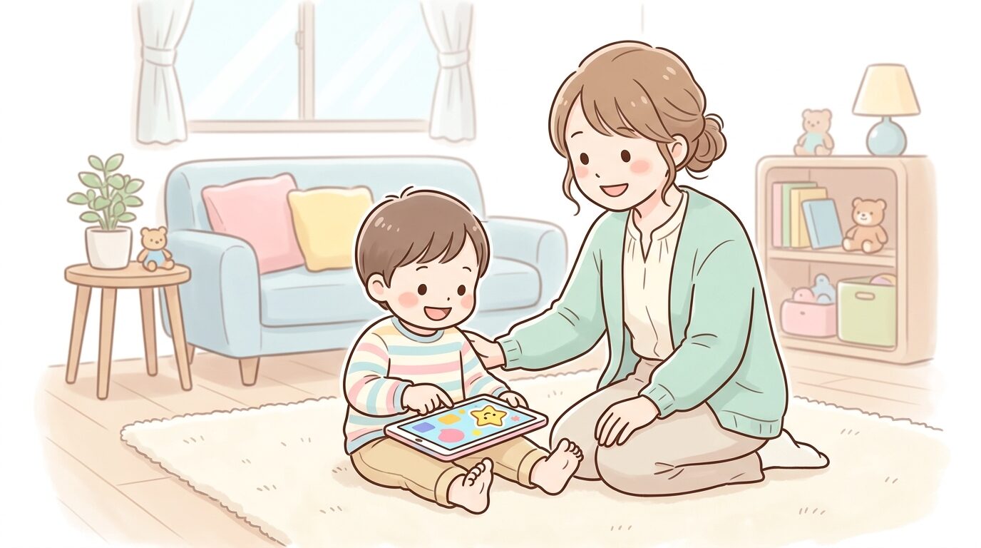 リビングでタブレットの知育アプリを楽しそうに操作する2歳児と、隣で見守る母親の温かい様子