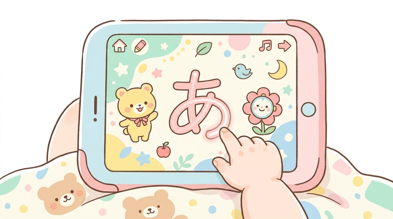 知育アプリの画面に映るひらがなドリルと、それを指でなぞる子どもの小さな手