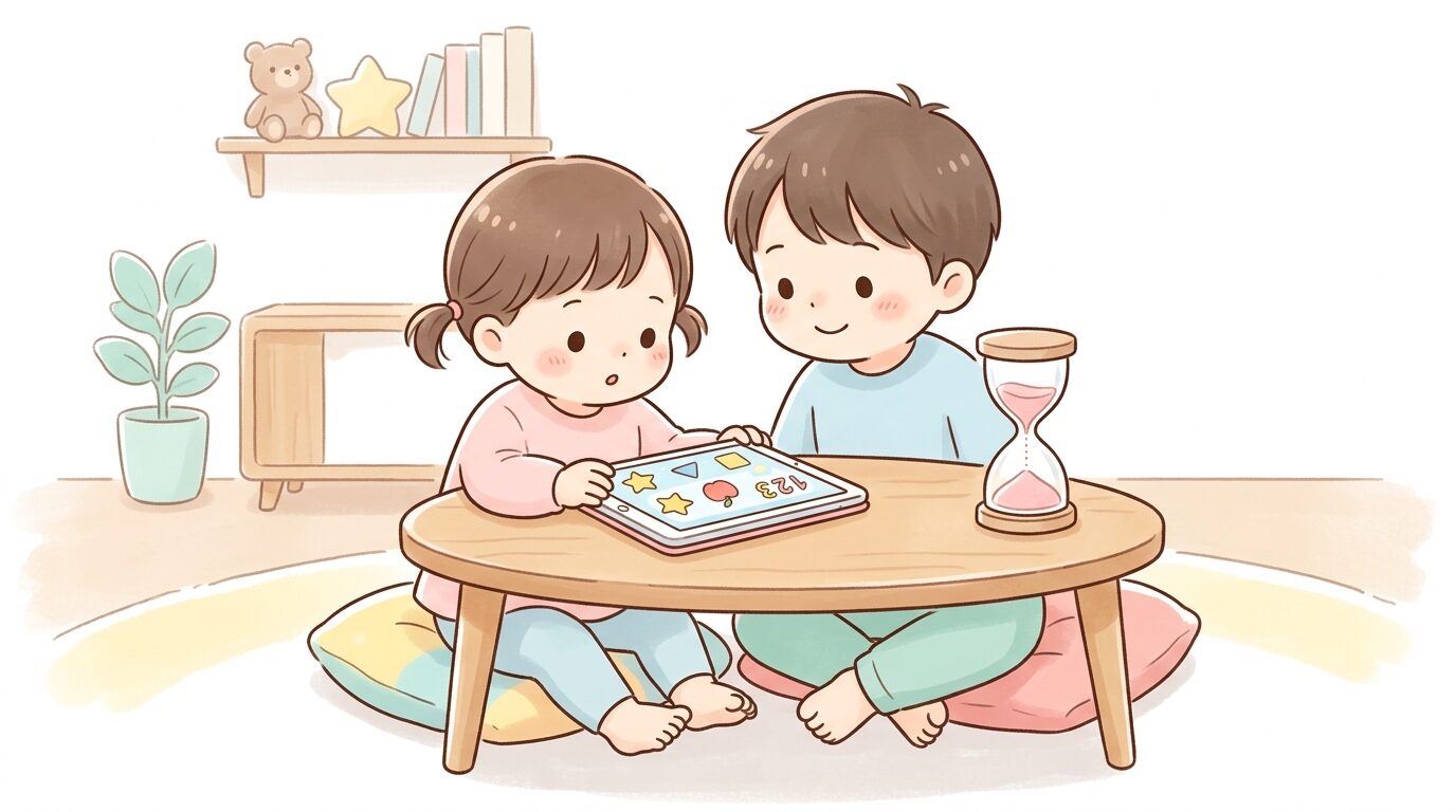 リビングのテーブルに置かれた砂時計と、それを見つめながらアプリを使う兄弟の姿