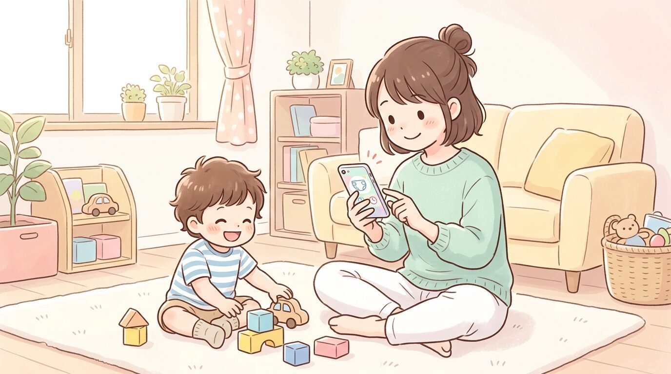 明るいリビングでおむつ替えの記録をスマートフォンのアプリに入力する母親と隣で遊ぶ2歳児