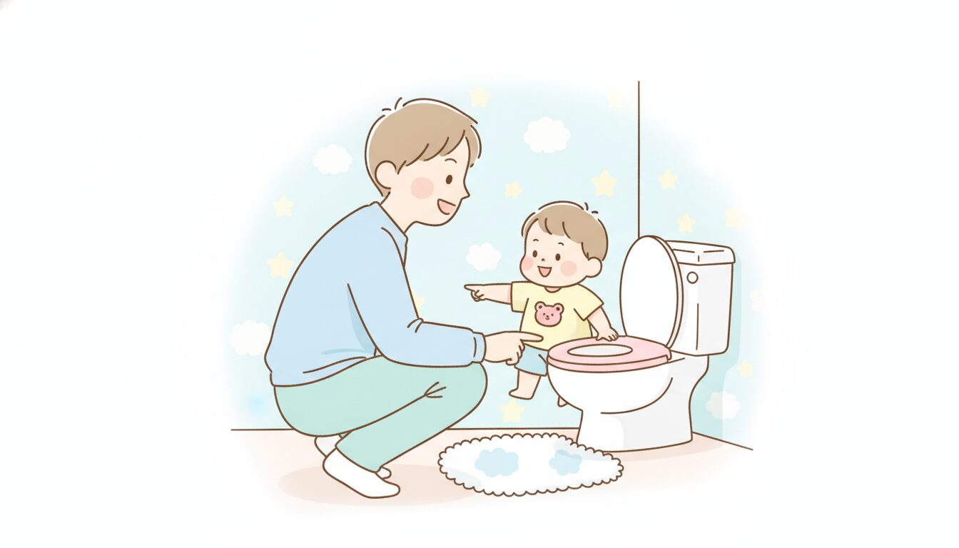 トイレの前でしゃがんで笑顔で子どもに話しかける父親と楽しそうな表情の2歳の子ども