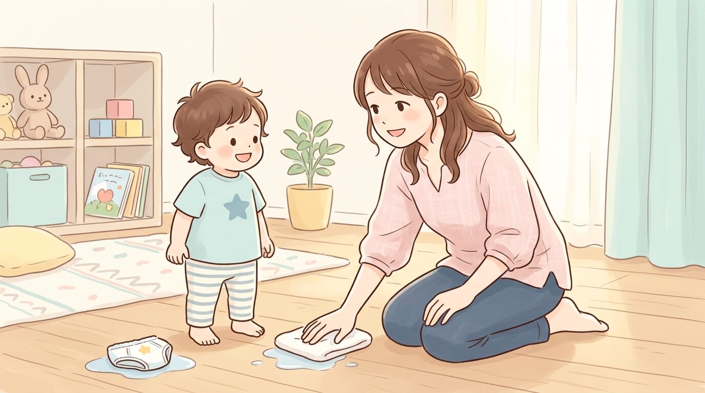 床を拭きながら子どもに優しく笑顔で声をかける母親、失敗しても穏やかな家庭の雰囲気