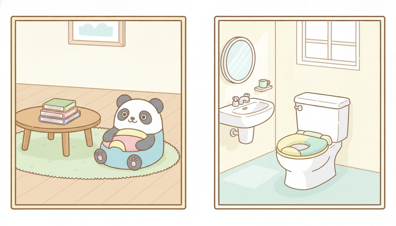 リビングに置かれたキャラクターデザインのおまると、補助便座が設置された明るい洗面所付きトイレを並べて撮影した写真