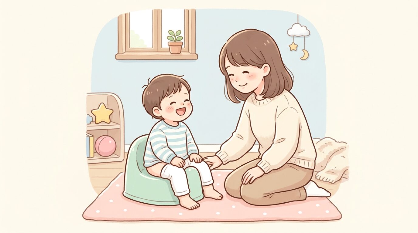 おまるに座って笑顔を見せる2歳くらいの子どもと、隣でやさしく見守る母親の温かい室内シーン