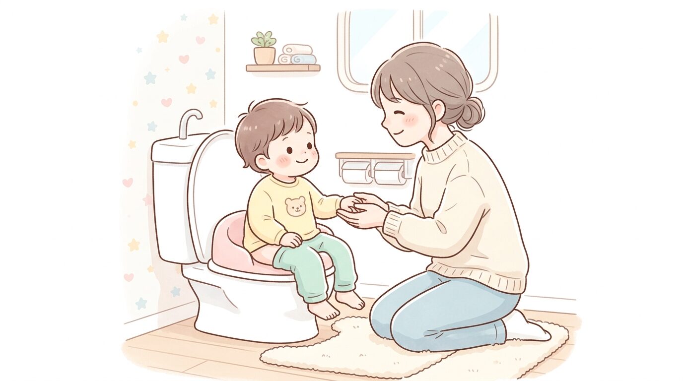 補助便座に座る子どもの手を優しく握りながら声をかける保護者の温かい親子のワンシーン