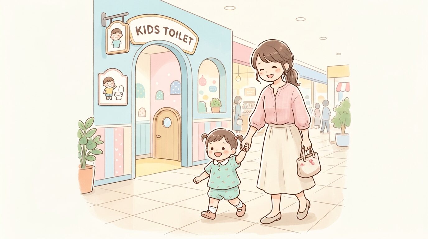 ショッピングモールのキッズトイレの前で親に手を引かれる2歳の子ども