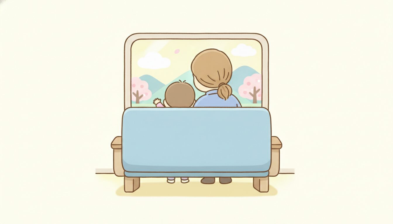 電車の座席で子どもと一緒に窓の外を見ながら座る親子の後ろ姿
