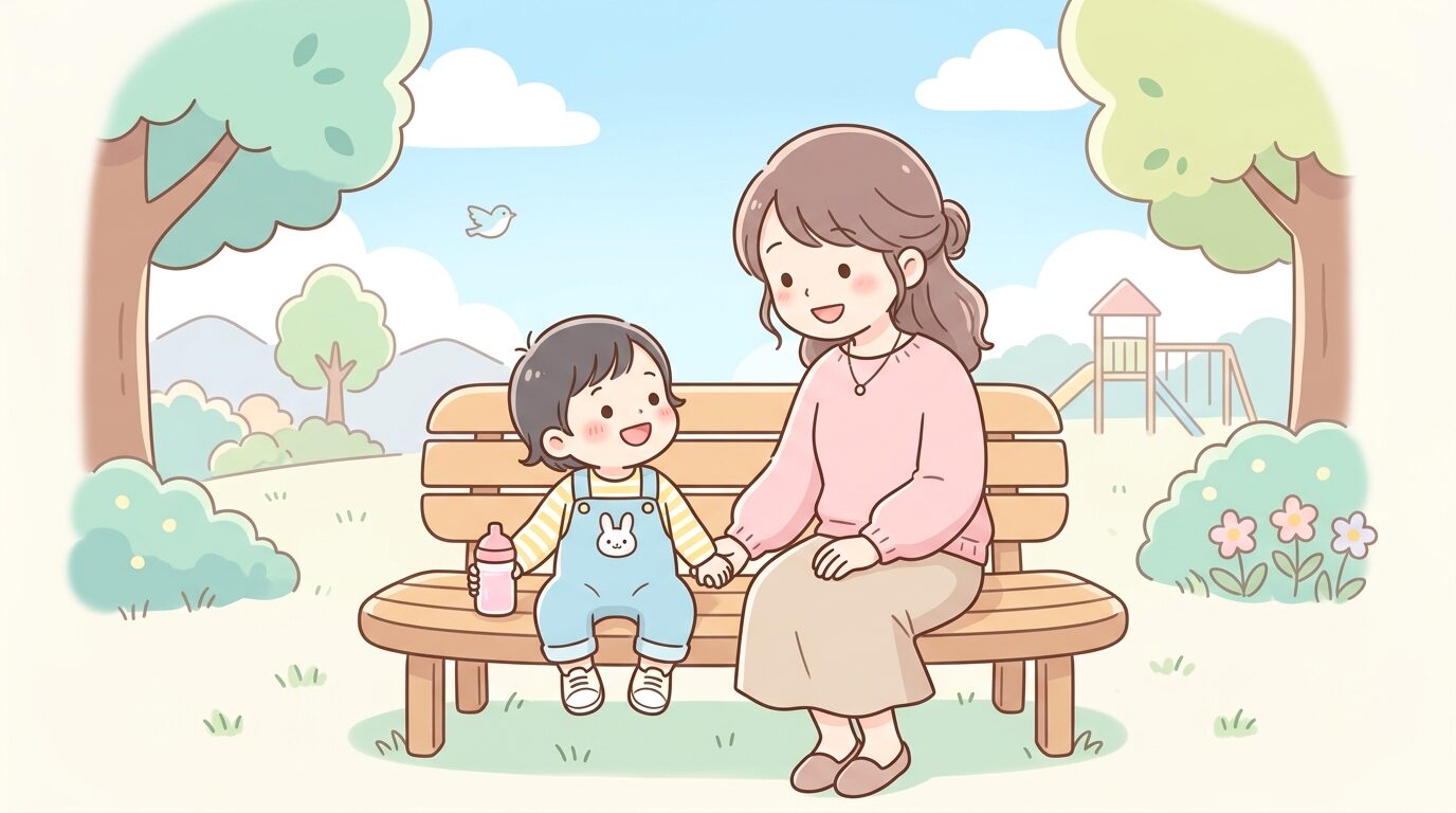 公園のベンチで子どもと笑顔で話しかける母親、明るい昼下がりの様子