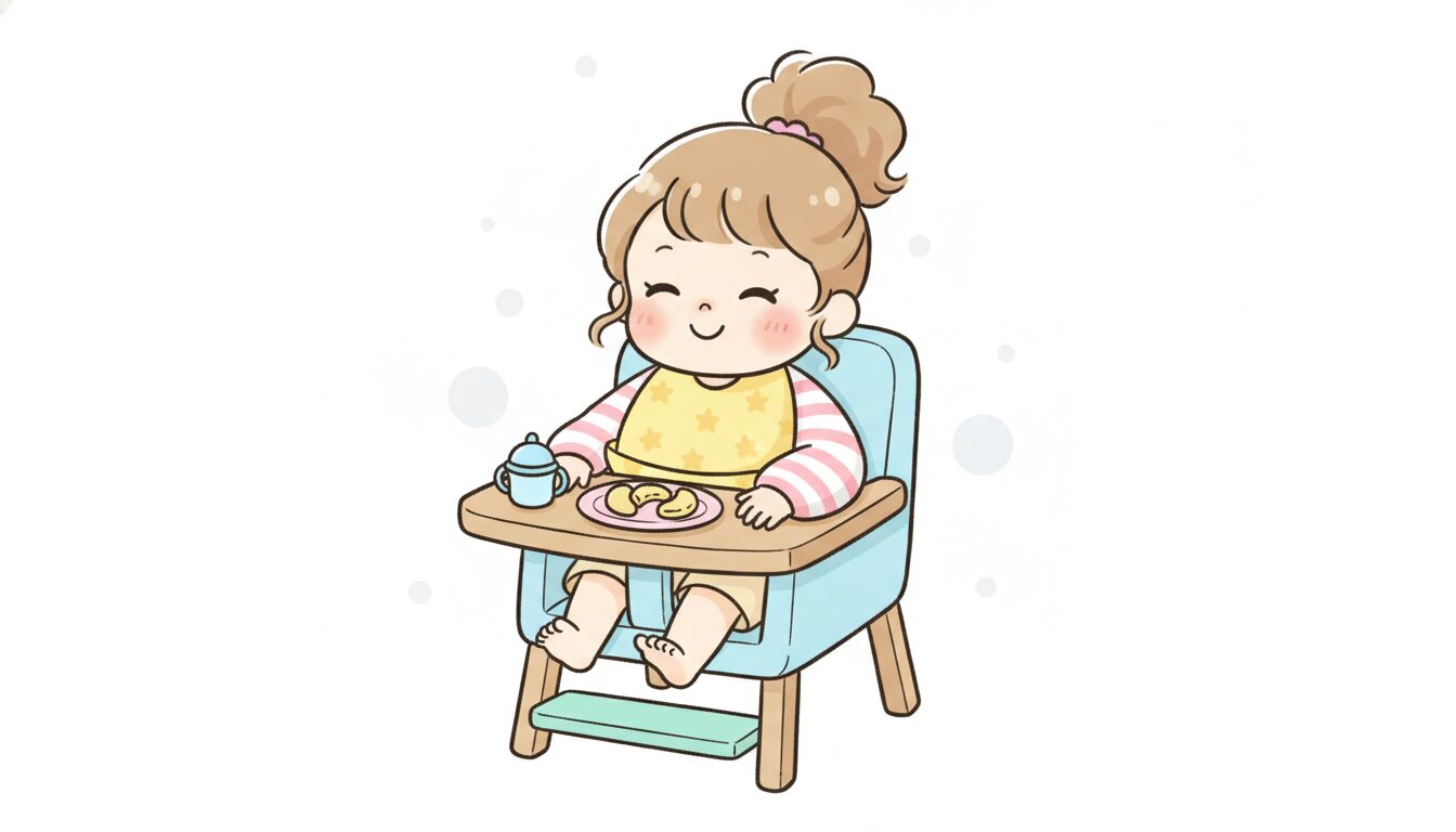 ハイチェアに座り足置きに足をしっかりつけて笑顔で食事をする2歳児の女の子