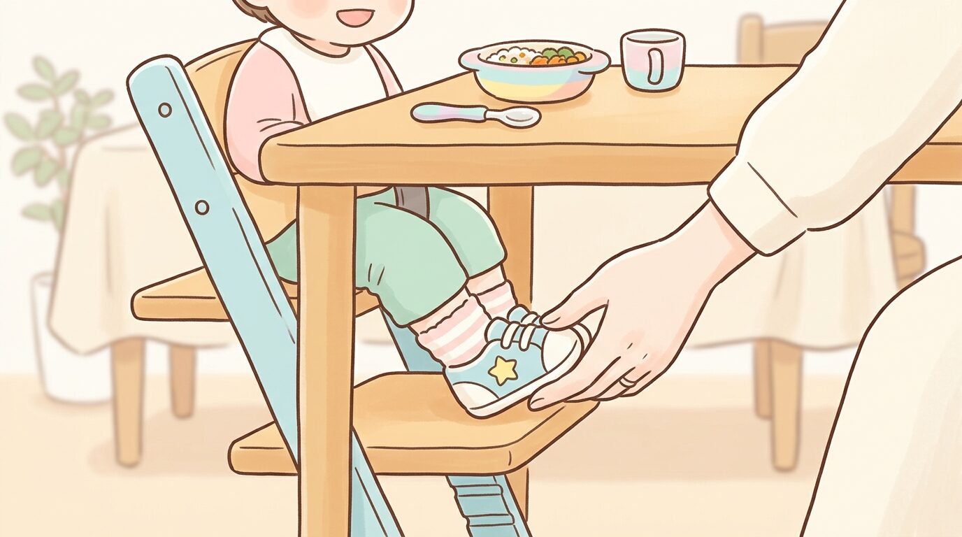 温かい食卓で子どもの足元を優しく確認する親の手元のクローズアップ