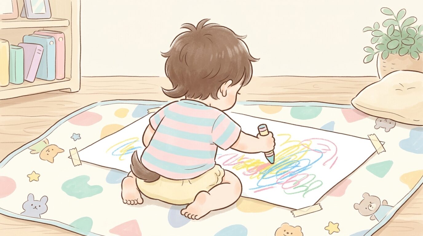 リビングの床に敷いたシートの上で、クレヨンを握りしめて元気に落書きをする2歳児の後ろ姿