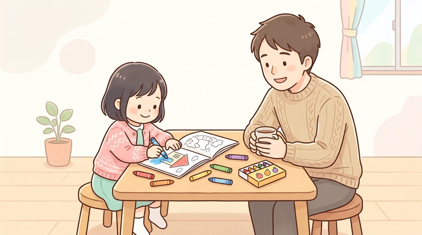 テーブルに広げたカラフルなクレヨンで塗り絵を楽しむ2歳くらいの女の子と見守る父親