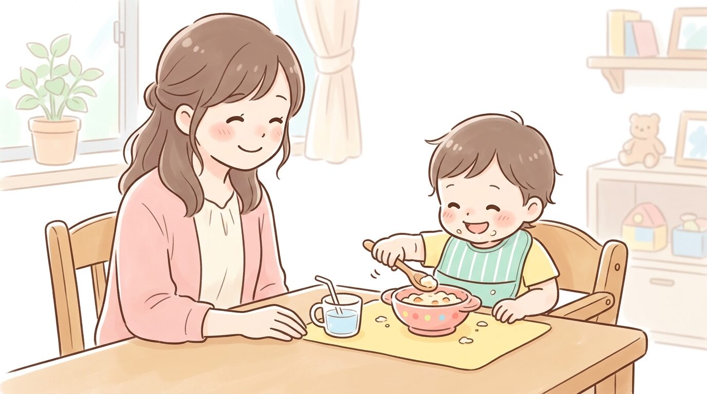 ダイニングテーブルでスプーンを使い自分で食べようとする2歳くらいの子供と、隣で見守る母親の温かい様子