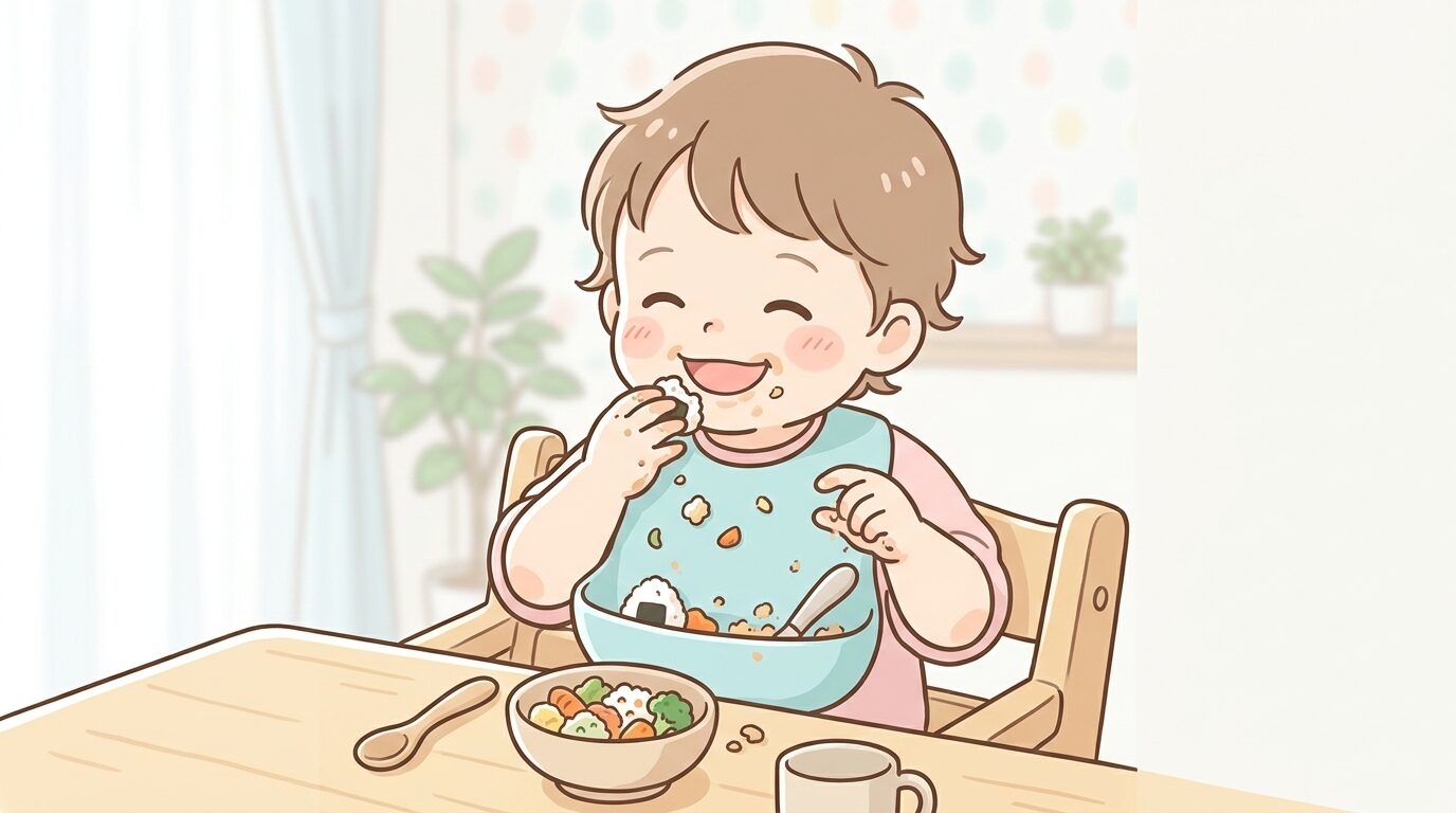 シリコン製のポケット付きエプロンをつけて楽しそうに手づかみ食べをする2歳児のアップ