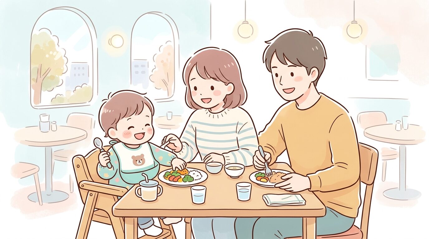 レストランのテーブルで防水エプロンをつけた2歳児が家族と楽しそうに食事をしている様子