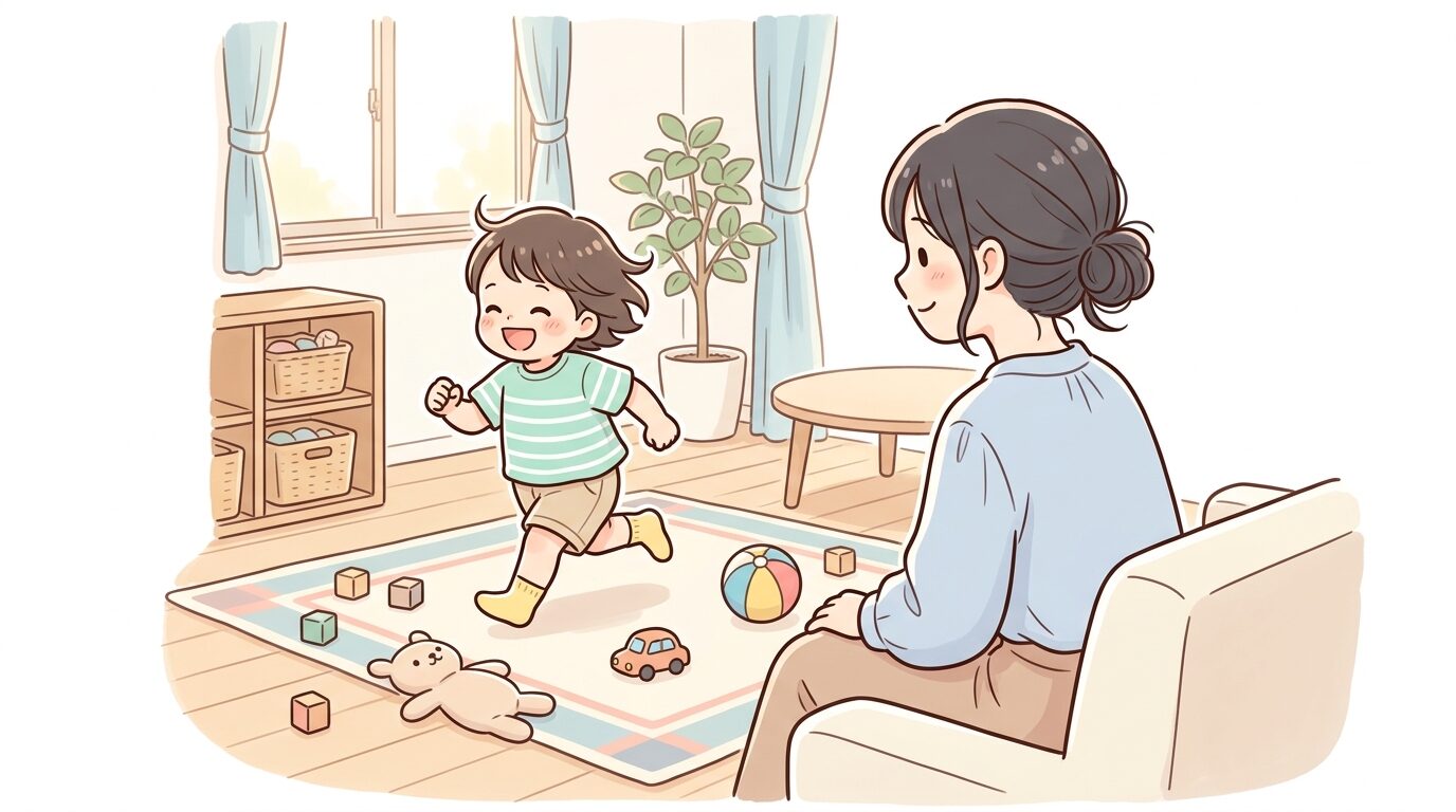 リビングで元気に走り回る2歳くらいの子供を、笑顔で見守る母親の後ろ姿