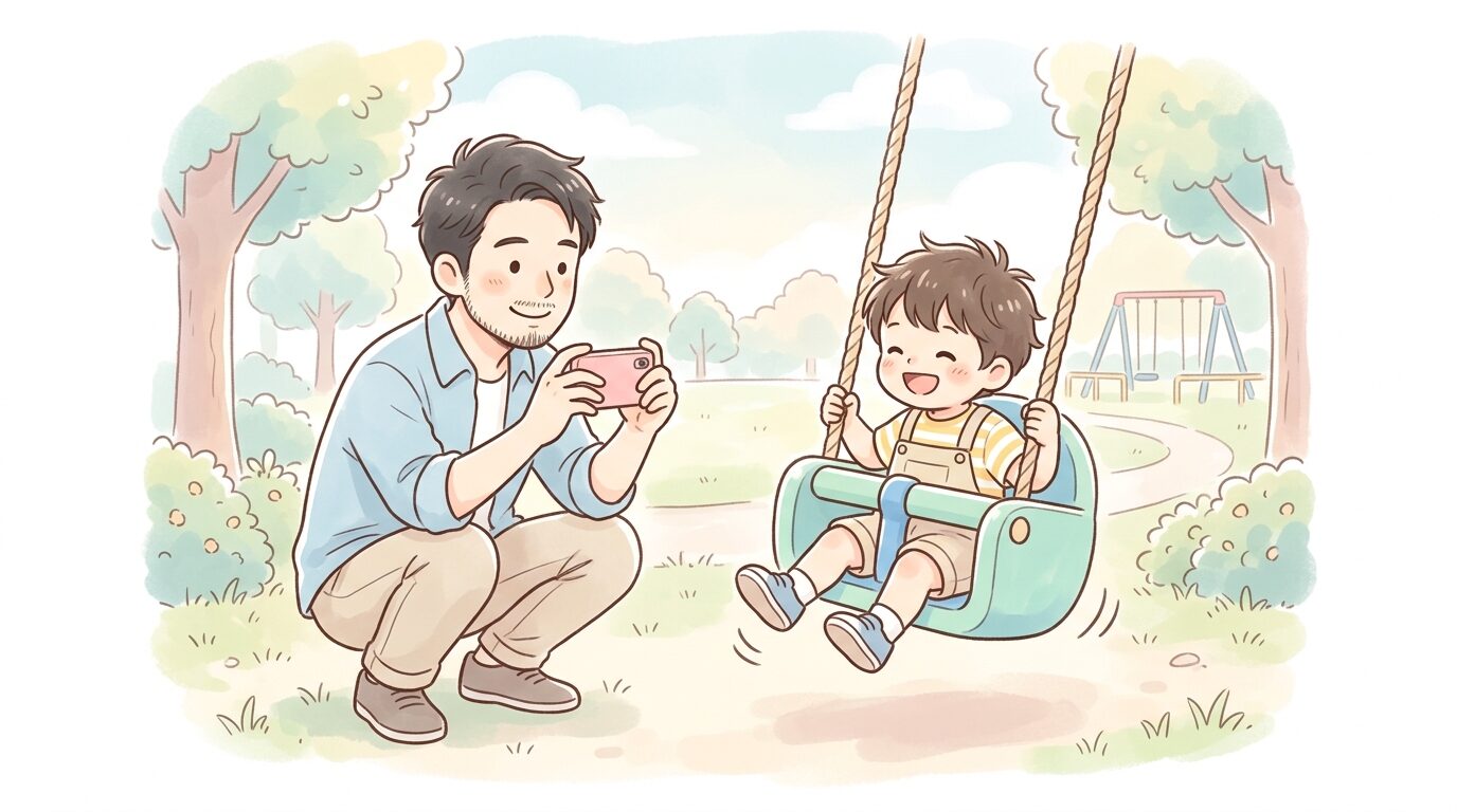 公園でブランコに乗る2歳児を、しゃがんで目線を合わせながらスマホで撮影する父親