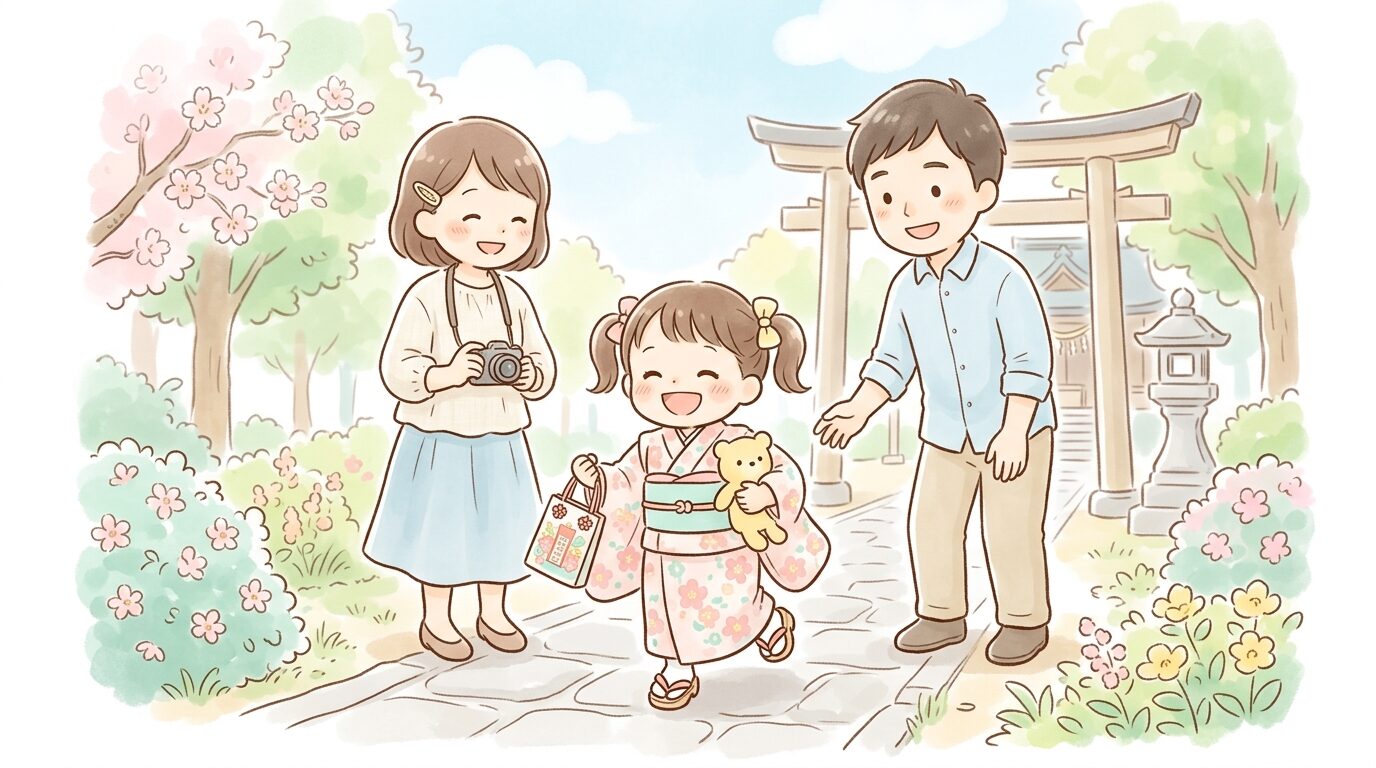 浴衣や七五三の衣装を着て、自然な笑顔ではしゃぐ2歳児を家族が優しく見守るシーン