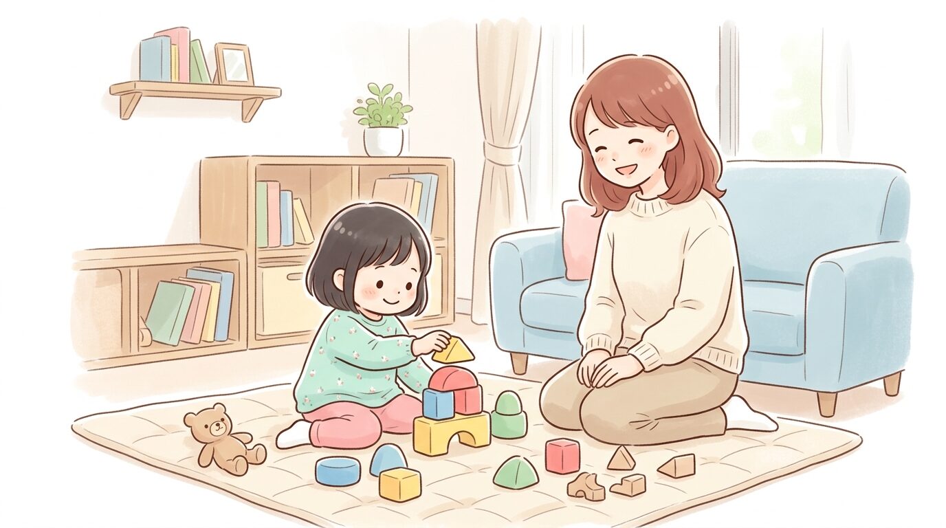 リビングでブロック遊びに集中する3歳くらいの子どもと見守る母親の柔らかな笑顔