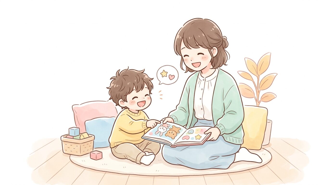 親子で絵本を読みながら指差しをして楽しそうに会話をしているシーン