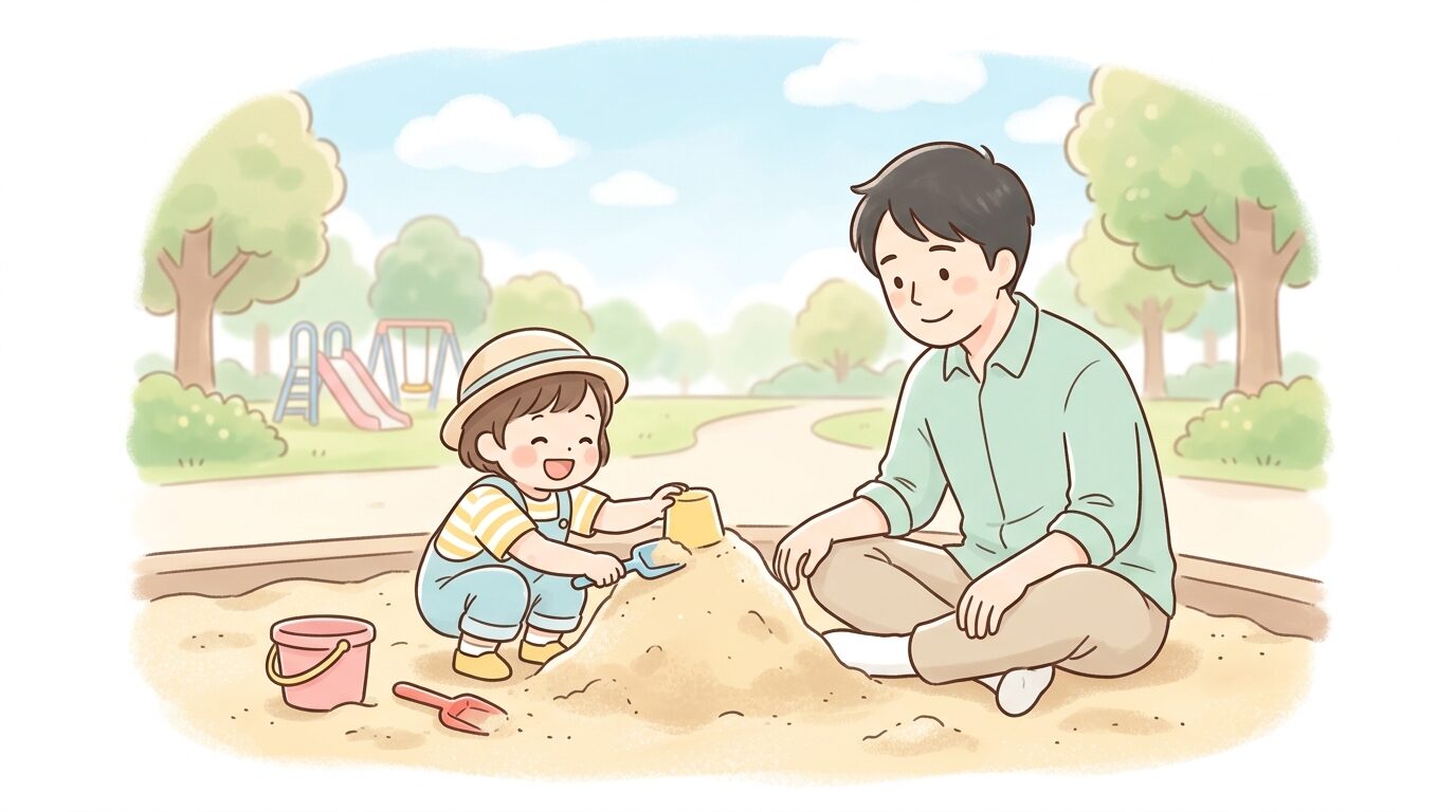 公園の砂場で夢中になって山を作る子どもと隣で見守る父親の温かい様子