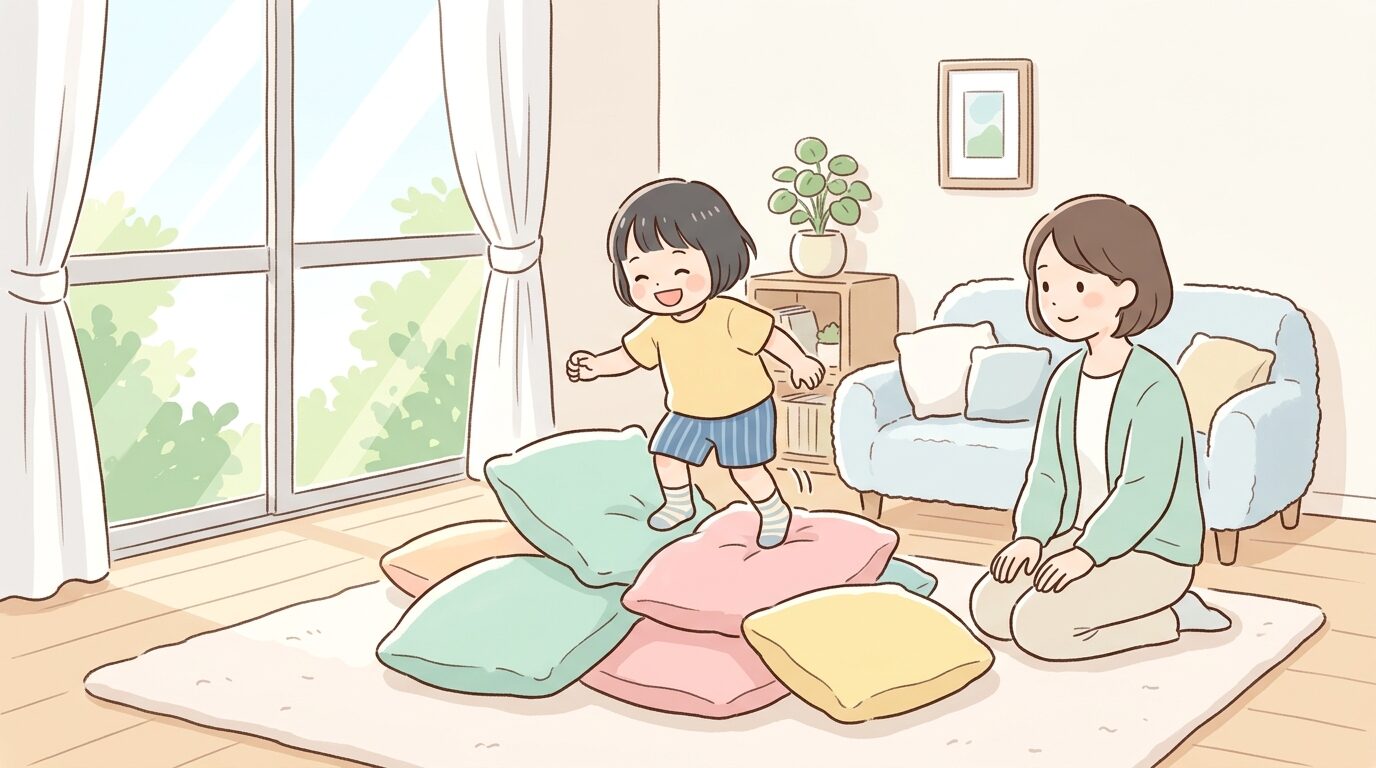 リビングでクッションを使って体を動かして遊ぶ3歳児と見守る母親、明るい自然光が差し込む部屋