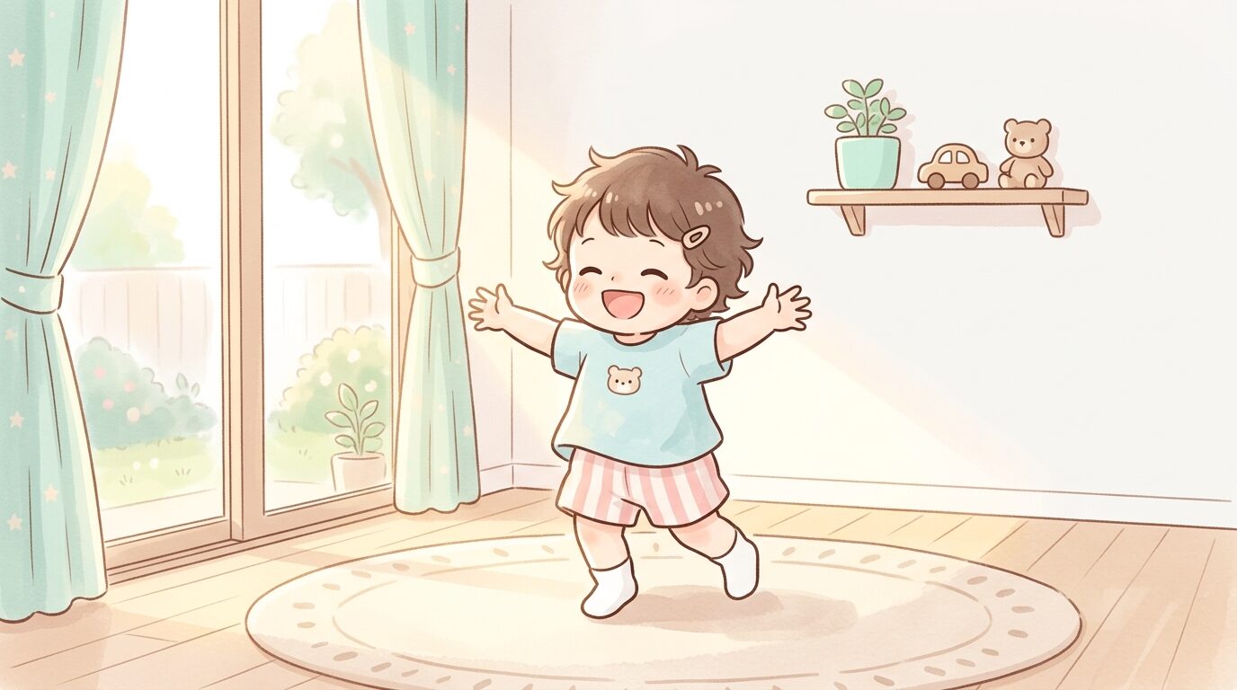 音楽に合わせて両手を広げてダンスする3歳児、リビングの窓から差し込む柔らかい光