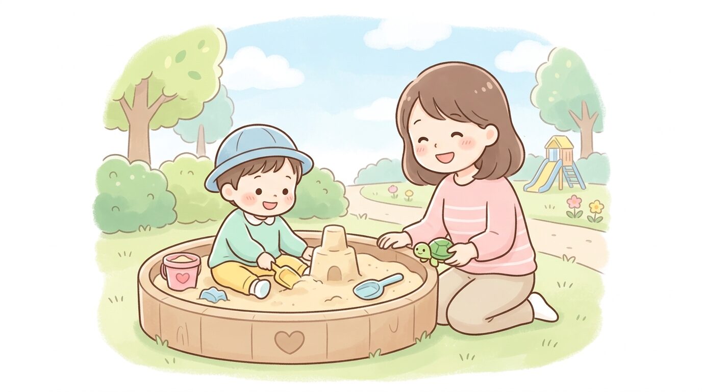 公園の砂場で夢中になって遊ぶ3歳くらいの子どもと見守る母親の笑顔