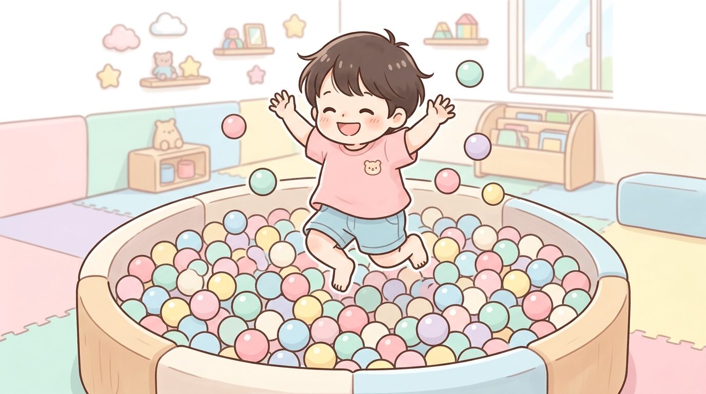 室内のカラフルなボールプールで楽しそうにジャンプする幼児の様子