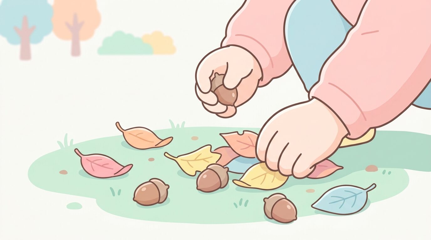 秋の公園でどんぐりや落ち葉を集めて観察する子どもの手元