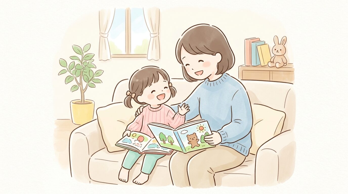 リビングで絵本を広げながら親子で笑顔で話す3歳くらいの女の子と母親